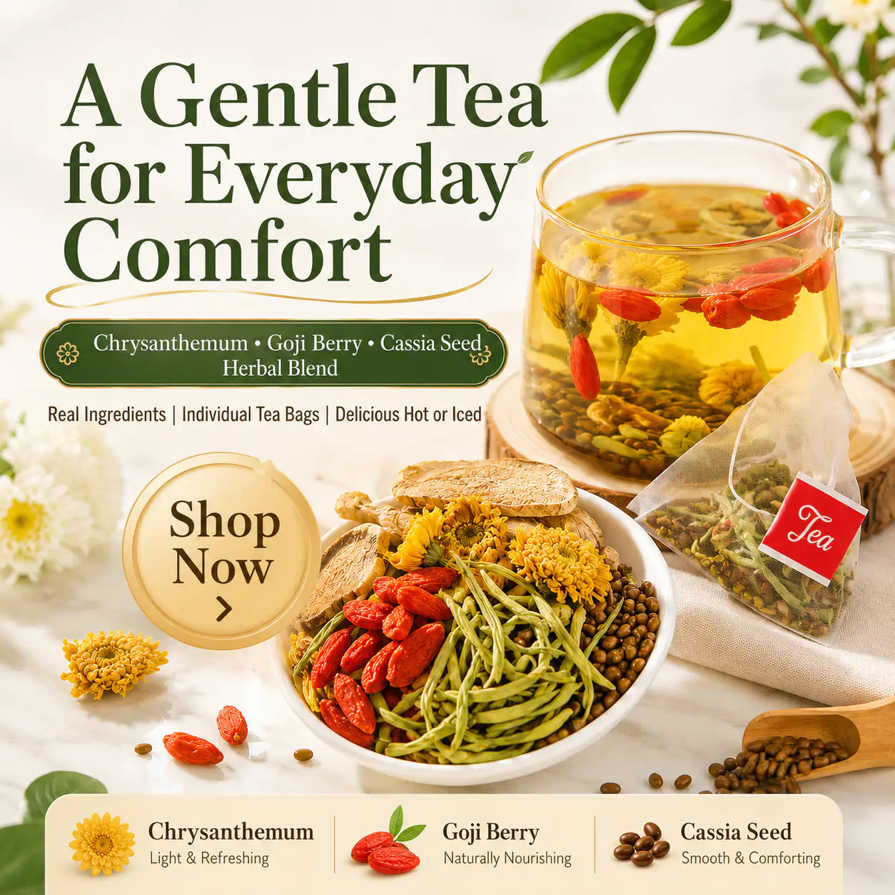 Chrysanthemum,Goji Berry & Cassia Seed Tea helps you get back to your peak performance-YOY