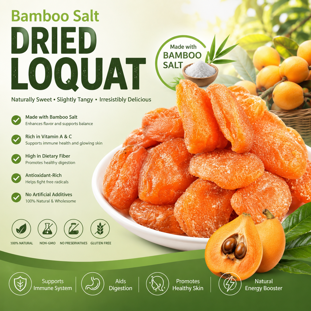 😋Are you still troubled by health problems?-Bamboo Salt Dried Loquat - 🍃Natural Healthy Green Snack.-CJP